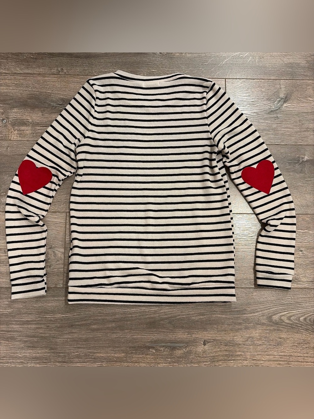 Women’s Cream and Black Striped Sweater with Valentine Heart Patch Detail